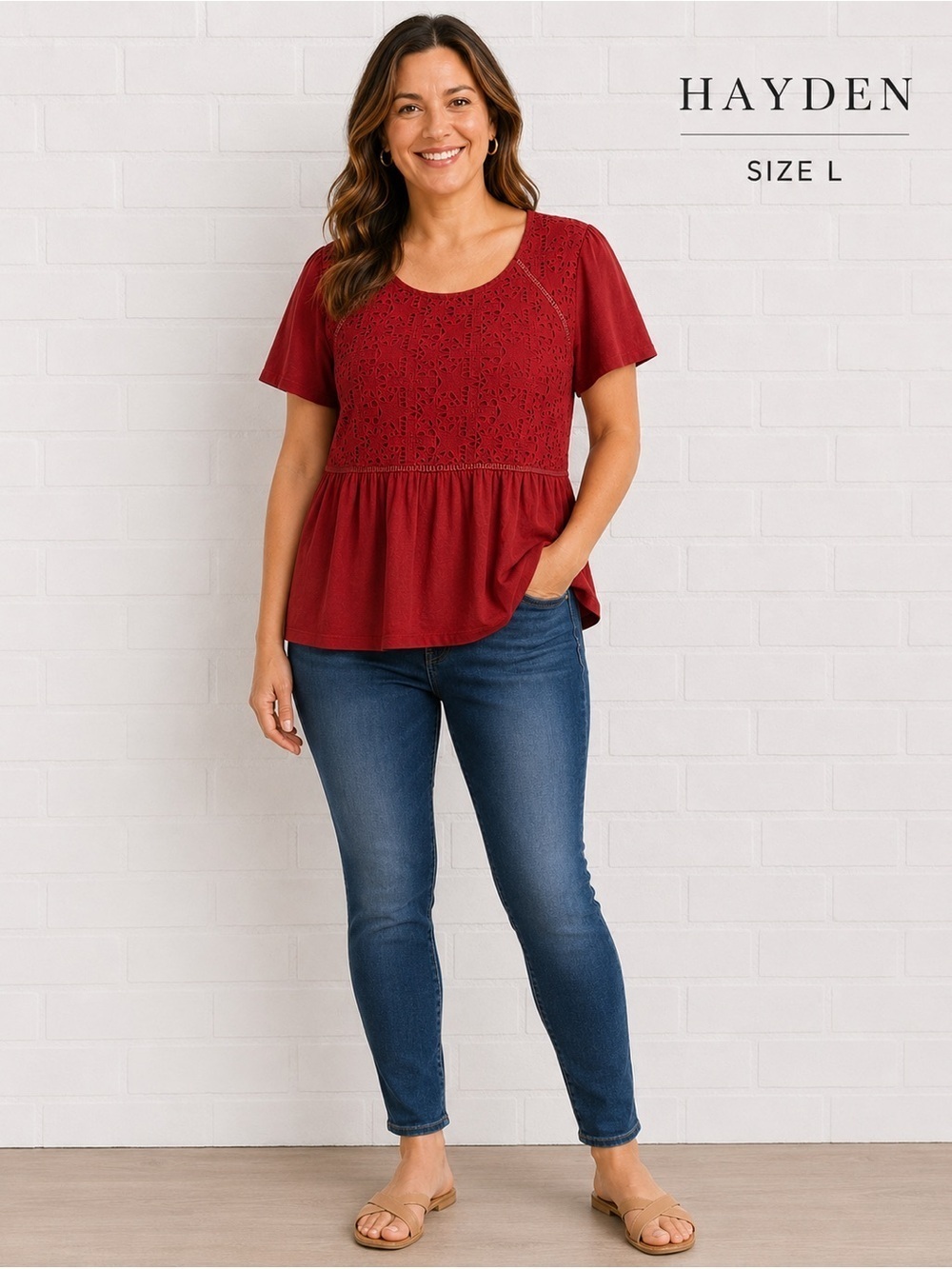 HAYDEN Red Lace Detail short sleeve Women's blouse/size L romantic cotton